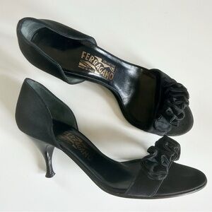 Salvatore Ferragamo Ruffled Open-toed Heels, black, size 8